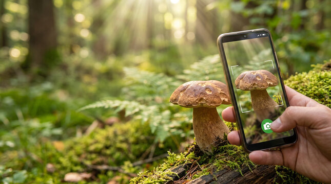 Identifying mushroom with mobile app held against a large boletus in a sunny woodland. For mushroom hunting and outdoor hobby themes.