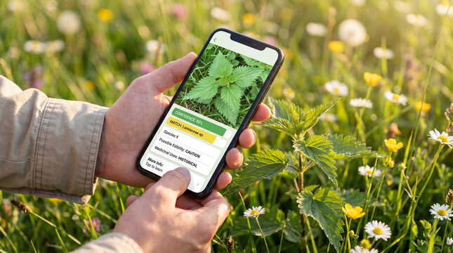 Identifying wild plants with phone app showing green leaves in a sunny meadow. For hiking and nature study themes.