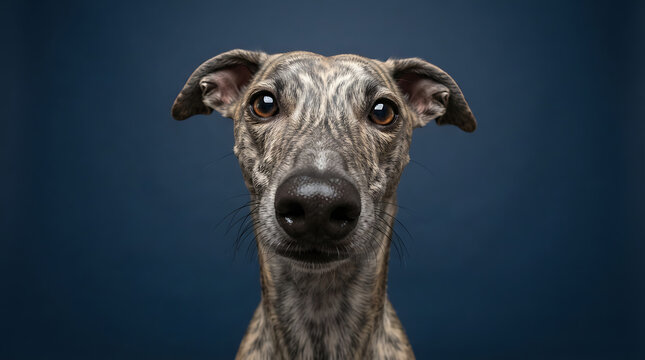 Close up portrait of a beautiful greyhound with soulful eyes looking at the camera