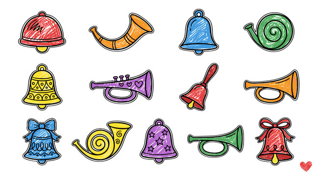 Collection of colorful cartoon musical instruments and accessories