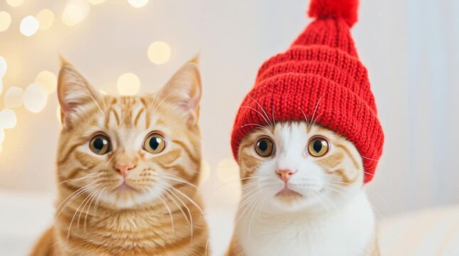 Two cats sit together. One is an orange tabby with green eyes, and the other is a white cat with orange patches. The tabby wears a red knitted hat.