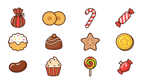 Cute Candy and Sweet Confectionery Icon Set with Cupcake, Chocolate, Candy Cane, Lollipop, Cookie, and Jelly Bean Elements for Festive Holiday Graphic Designs