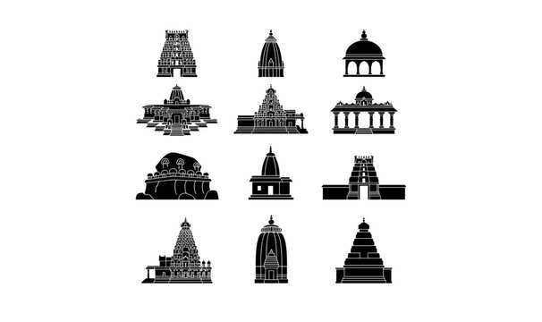 Indian Temple Historical Architecture Black Silhouette Icon Set with Gopuram Tower, Shikhar, Vimana, and Ancient Religious Shrines for Spiritual Traditional Graphic Designs