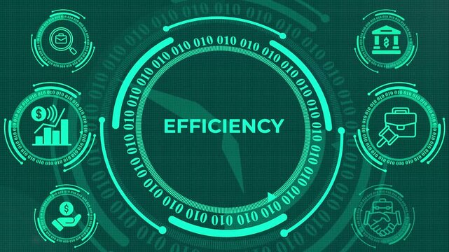 Digital Efficiency Business Concept HUD Interface, Business Efficiency Technology with Binary Code and Icons, Financial Management and Corporate Efficiency Dashboard