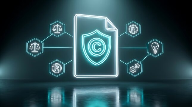 Digital copyright protection concept with shield symbol, legal scales, trademark, lightbulb, and gears on dark background.