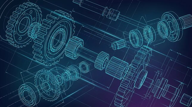 Exploded view blueprint of complex mechanical gears and bearings, illustrating precision engineering and industrial machinery, presented in a blue digital schematic.