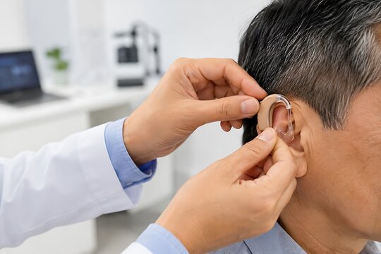 Audiologist fitting a modern hearing aid device to the ear of an elderly male patient in clinic