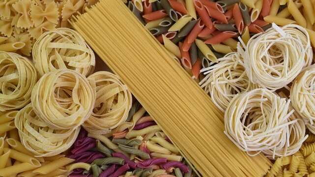 Spaghetti and other types of pasta, top view