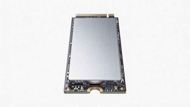 Minimalist M.2 NVMe SSD, sleek silver rectangular metal heatsink, isolated on pure white background, front-facing top view, clean product photography, soft studio lighting, sharp details, realistic me