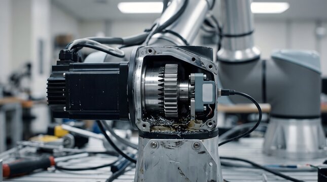 Exposed robotic arm joint showing internal gears and electric motor during maintenance and repair in an engineering workshop