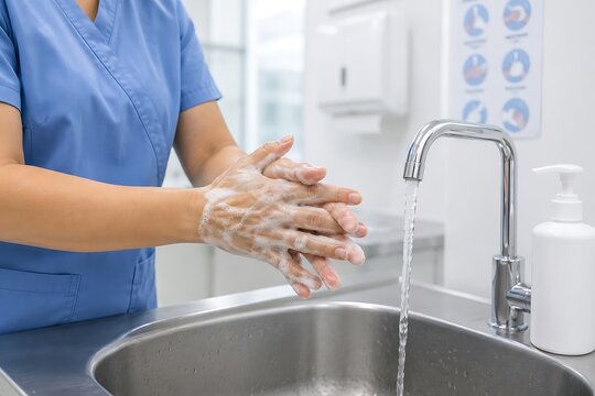 Medical professional in blue scrubs washing hands thoroughly under running water in a clinic sink