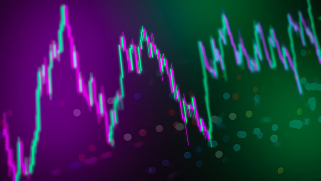 A digital financial chart showing fluctuating stock market trends with vibrant neon purple and green glowing lines on a dark background display