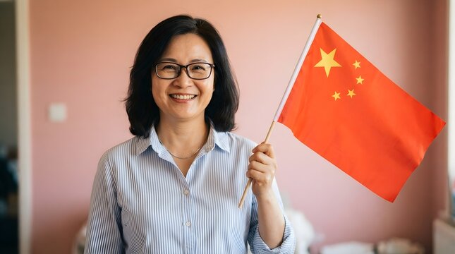 A smiling asian woman holding a small chinese flag to celebrate the annual china national day holiday event