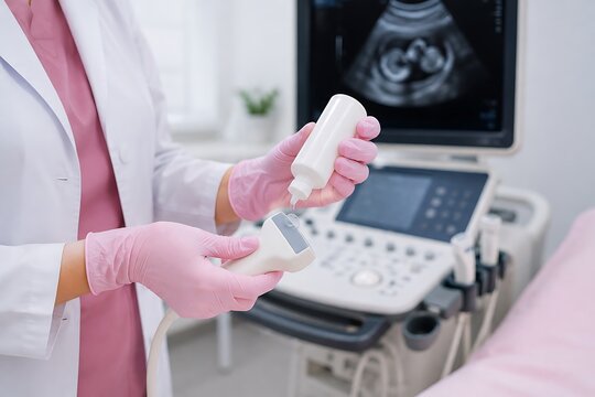 Professional doctor using medical ultrasound equipment for prenatal examination in a modern hospital clinic setting