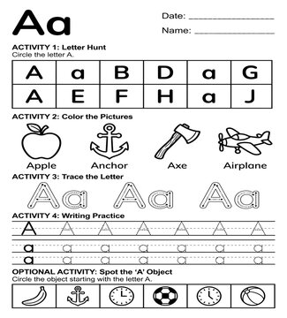 Educational letter a worksheet for kindergarten kids learning alphabet Vector, illustration