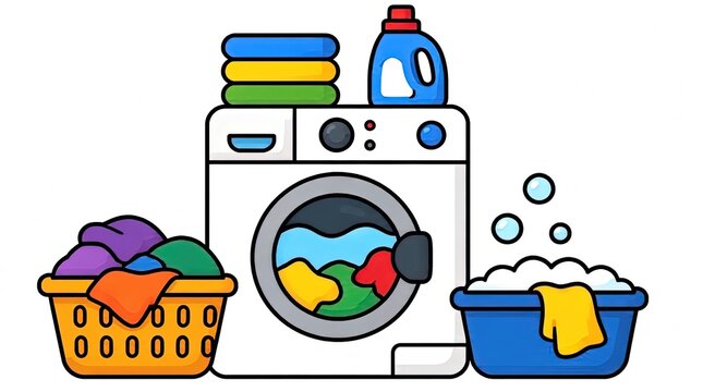 Cartoon illustration of a laundry day scene with a washing machine, baskets of clothes, detergent, and a basin filled with soapy water.