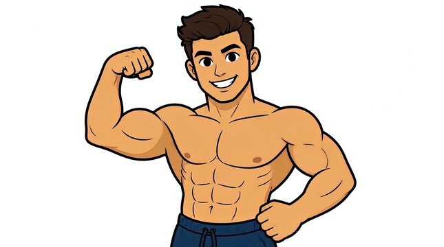 Cartoon illustration of a muscular, athletic young man flexing his bicep with a confident smile, isolated on white background