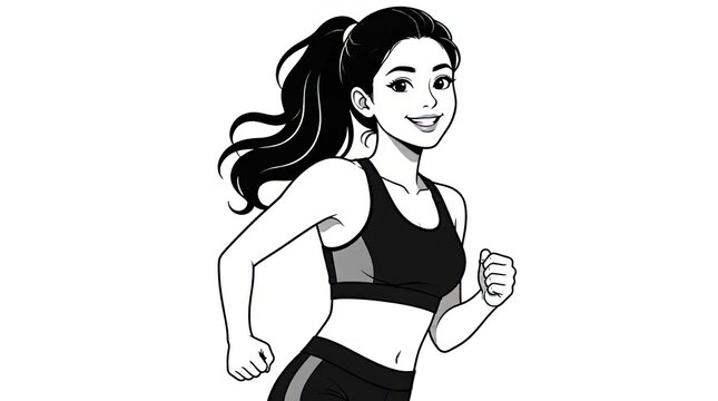 Energetic young woman with ponytail running in sports bra and leggings, black and white cartoon illustration