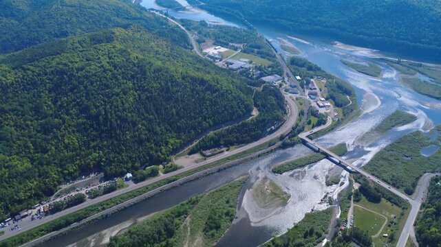 Drone footage reveals the scenic municipality of Matapedia at the confluence of two renowned salmon rivers surrounded by the lush Appalachian landscape.
