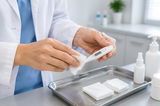 Medical professional cleaning a digital thermometer with an alcohol wipe in a clinical setting
