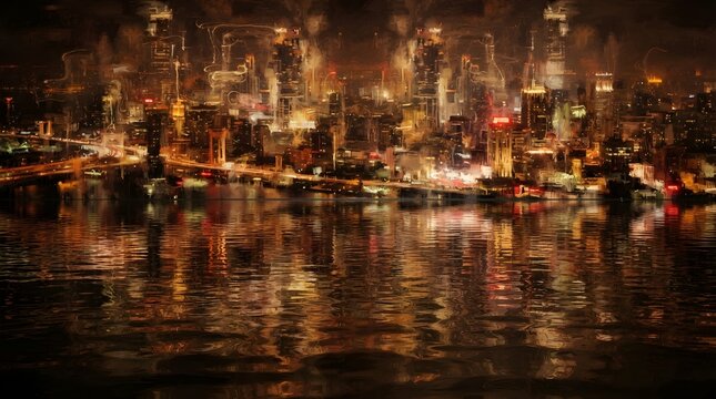 A vibrant nightscape of a chinese city celebrating national day with brilliant lights and reflections