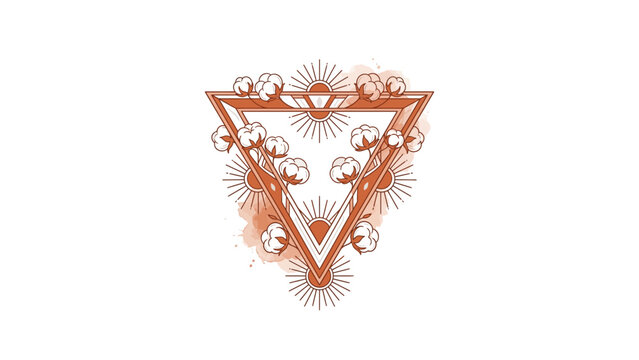 Geometric triangle illustration with cotton bolls and sun rays on white background