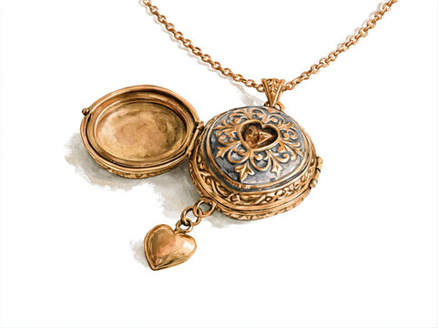 An antique gold locket necklace with intricate detailing and a small heart charm. The locket is open, revealing its empty interior, ready to hold a cherished memory. AI generative