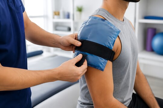 Physical therapist applying a cold gel pack to a patient arm for shoulder injury recovery treatment