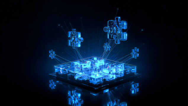 Futuristic digital puzzle illustration showing glowing puzzle pieces floating above a connected network symbolizing problem solving and strategy