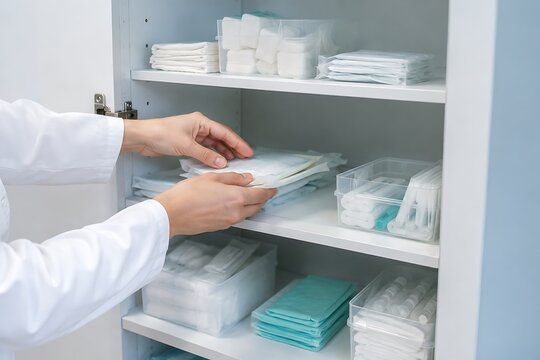A healthcare professional in a white coat organizing medical supplies on shelves in a hospital storage room