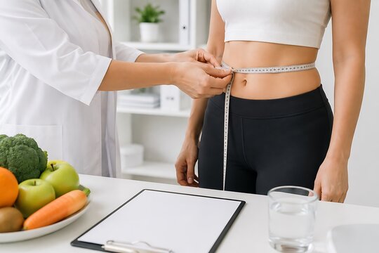 Nutritionist measuring waist circumference of a woman during a consultation in a modern medical clinic office