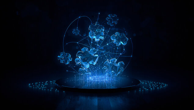 Futuristic digital puzzle illustration showing glowing puzzle pieces floating above a connected network symbolizing problem solving and strategy