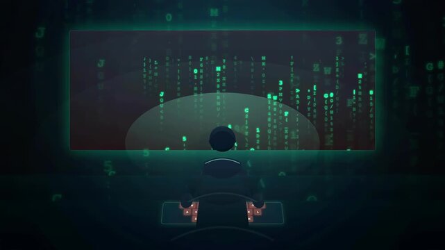 Silhouette of a Hacker Working on a Computer with Digital Matrix Code Background