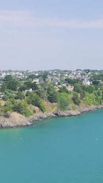 Aerial view of the scenic coastline of Binic, a coastal town in Brittany, France.