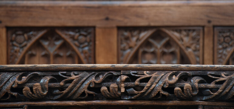 Detail of the pews at Bath Abbey, Somerset