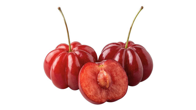 Fresh Whole and Sliced Pitanga Surinam Cherry Isolated on Transparent Background