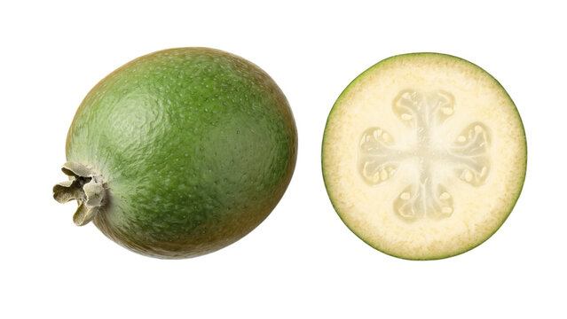 Fresh Whole and Sliced Feijoa Pineapple Guava Isolated on Transparent Background