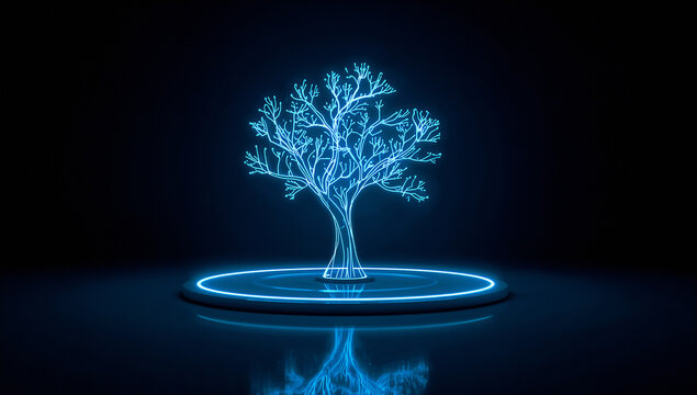 Futuristic glowing decision tree illustration showing branching luminous network representing artificial intelligence and strategic decision making