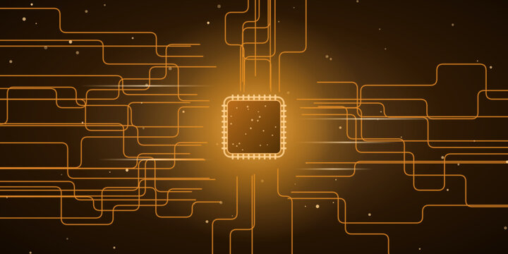 The central glowing processor chip, surrounded by a network of orange circuits and glowing particles, creates a futuristic and abstract representation of advanced technology.