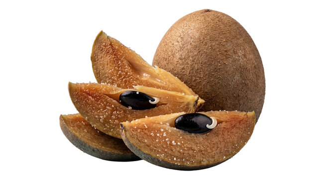 Fresh Whole and Sliced Sapodilla Sapota Chikoo Fruit Wedges Isolated on Transparent Background