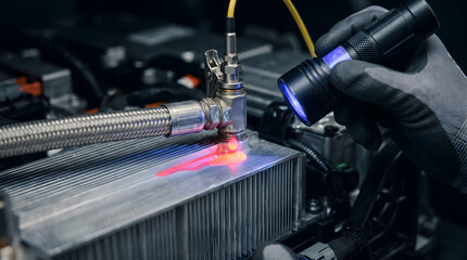 Fototapeta premium Technician uses a specialized ultraviolet flashlight to inspect the cooling system of an electric car.
