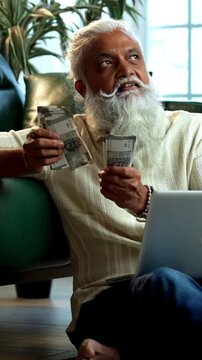 Indian mid age bearded man counting cash Indian rupees sitting on carpet in modern home, stylish mature male managing household finance and budget with paper currency indoors