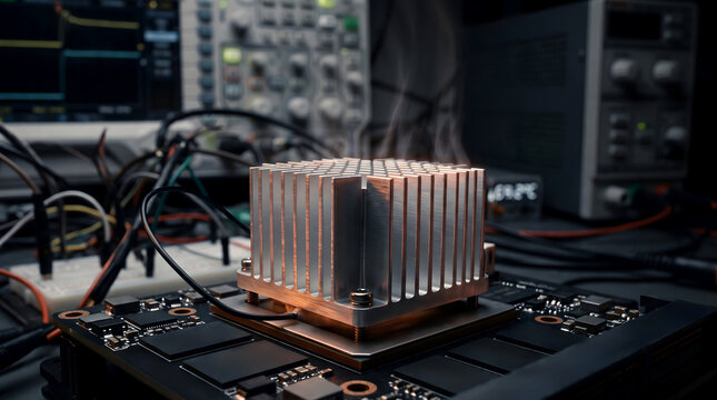Heatsink sits atop a computer processor on an electronic circuit board in a laboratory environment.