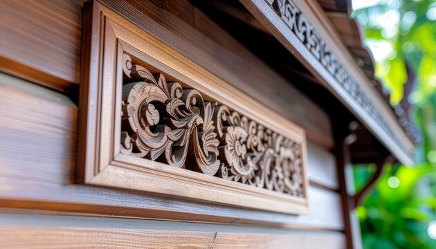 Beautiful traditional ornate wood carving detail on wooden house