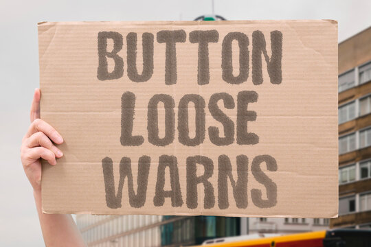 "Button loose warns" A dangling fastener gives a daily reminder before falling off. CLOTHING. BUTTON. LOOSE. WARNING. REPAIR.