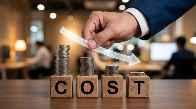 Hand moving coins on wooden blocks spelling cost with upward arrow showing cost increase or investment opportunity in business financial growth context.