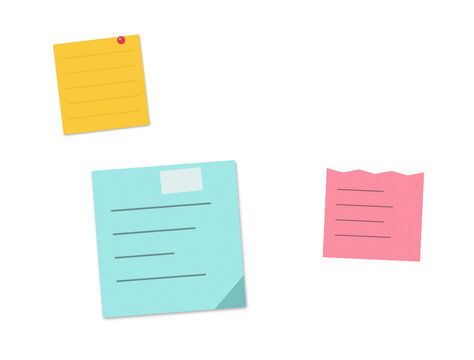 Three colorful sticky note papers with written text and red pin for office work and reminders in a simple flat design illustration style for planning and organizing daily tasks