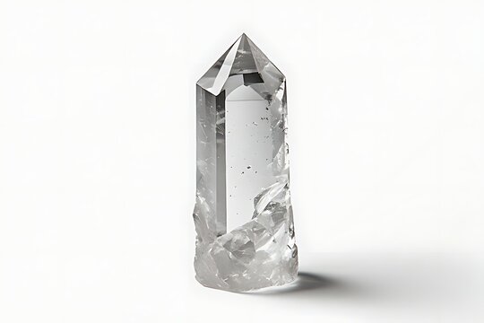 IA generated clear quartz crystal tower obelisk point with natural internal inclusions isolated on a clean white background with soft shadow.