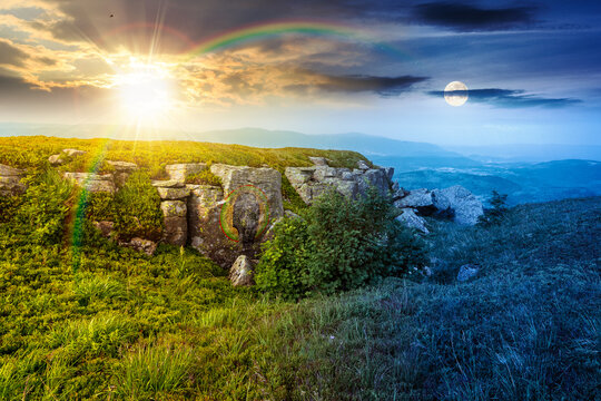 alpine meadow on summer solstice nature. day meet night. sun and moon in harmony over wild grass and grey rocks in carpathian landscape. mountain scenery for astrology wallpaper