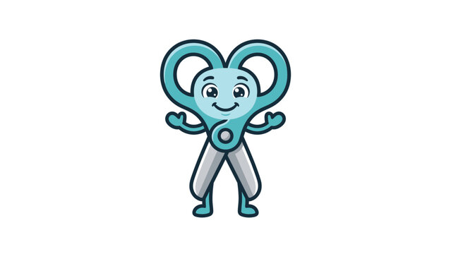 Smiling cartoon scissors character waving.